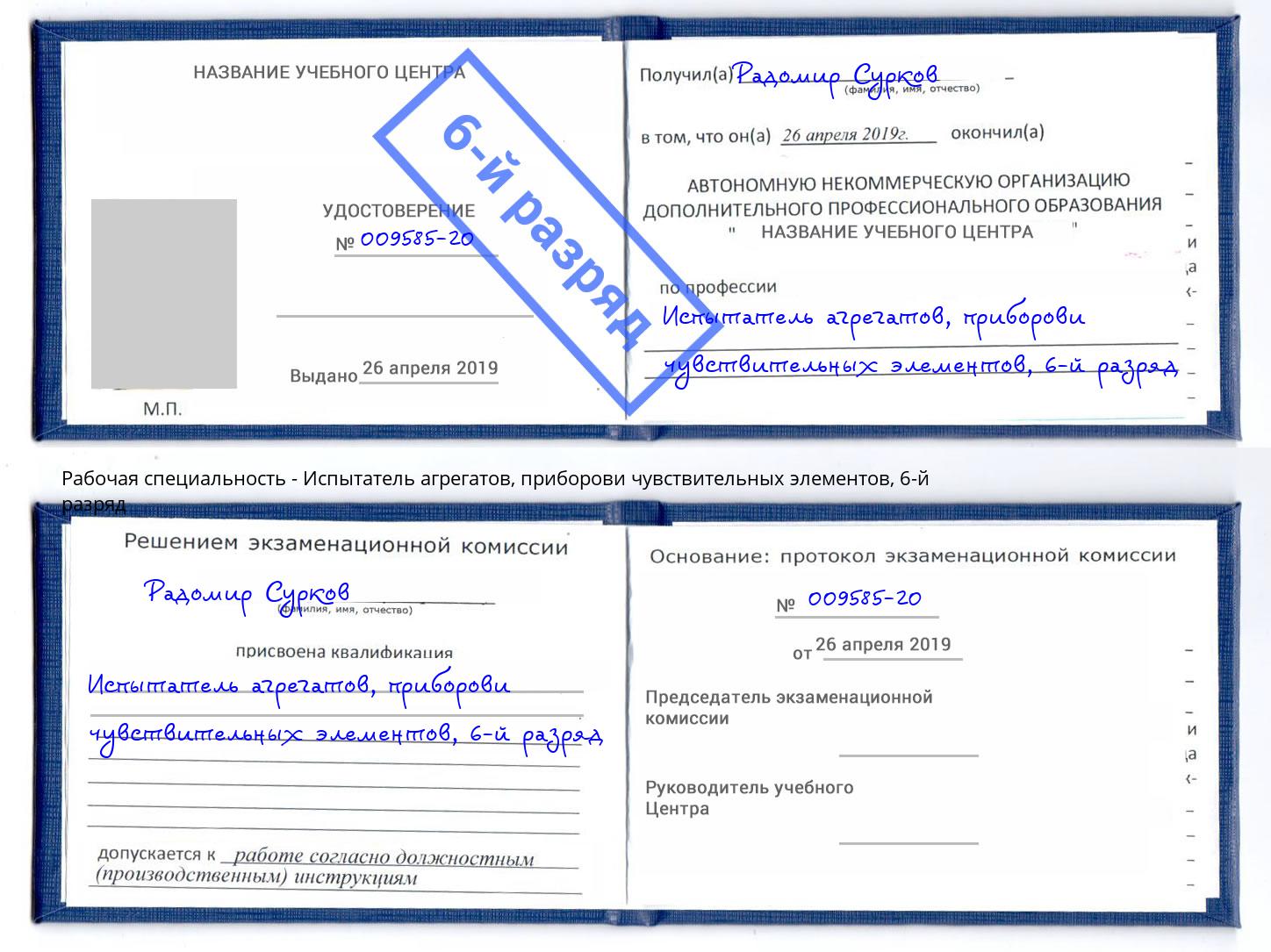 корочка 6-й разряд Испытатель агрегатов, приборови чувствительных элементов Балтийск