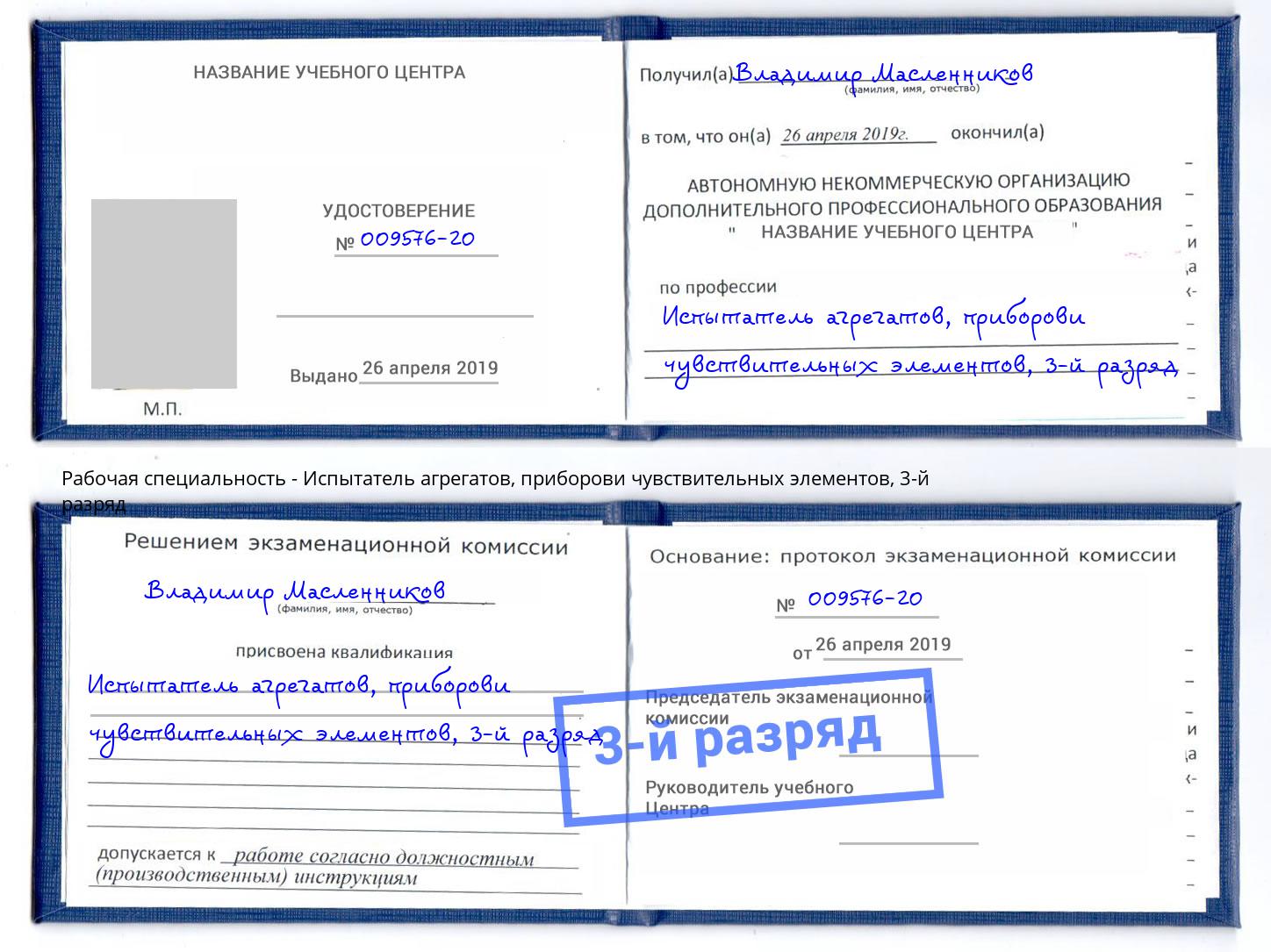 корочка 3-й разряд Испытатель агрегатов, приборови чувствительных элементов Балтийск
