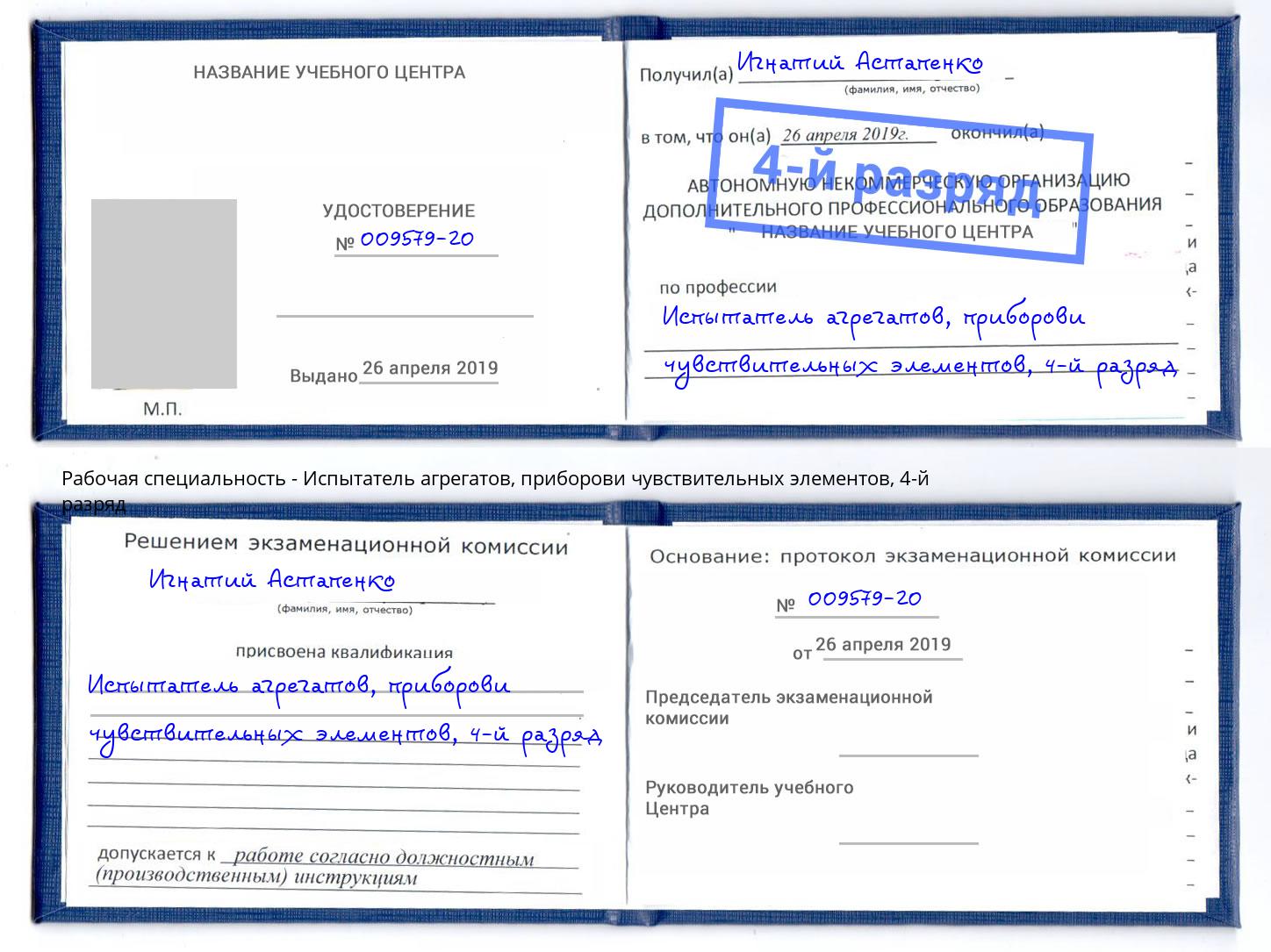 корочка 4-й разряд Испытатель агрегатов, приборови чувствительных элементов Балтийск