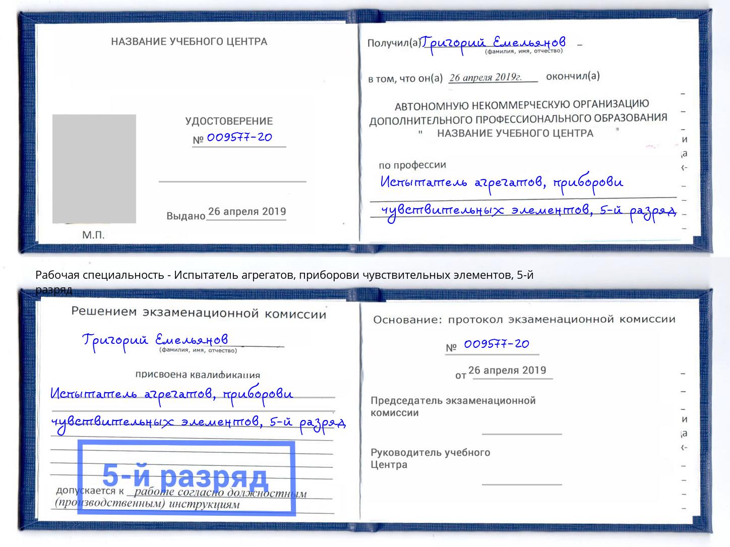 корочка 5-й разряд Испытатель агрегатов, приборови чувствительных элементов Балтийск