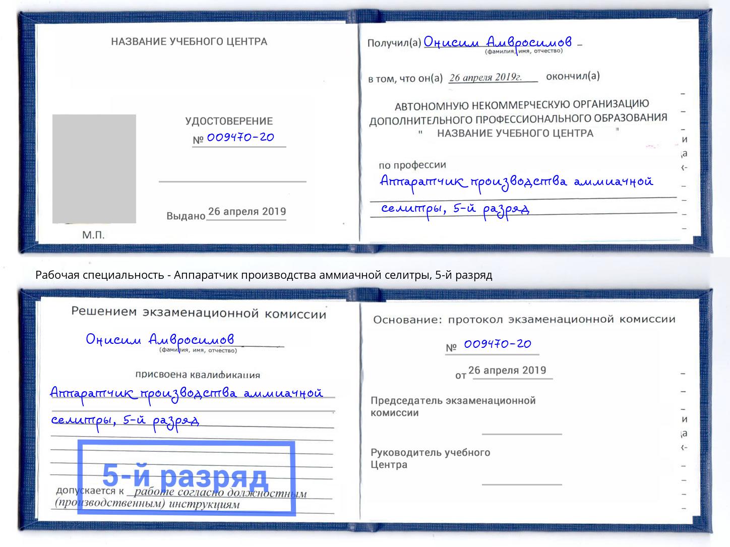 корочка 5-й разряд Аппаратчик производства аммиачной селитры Балтийск