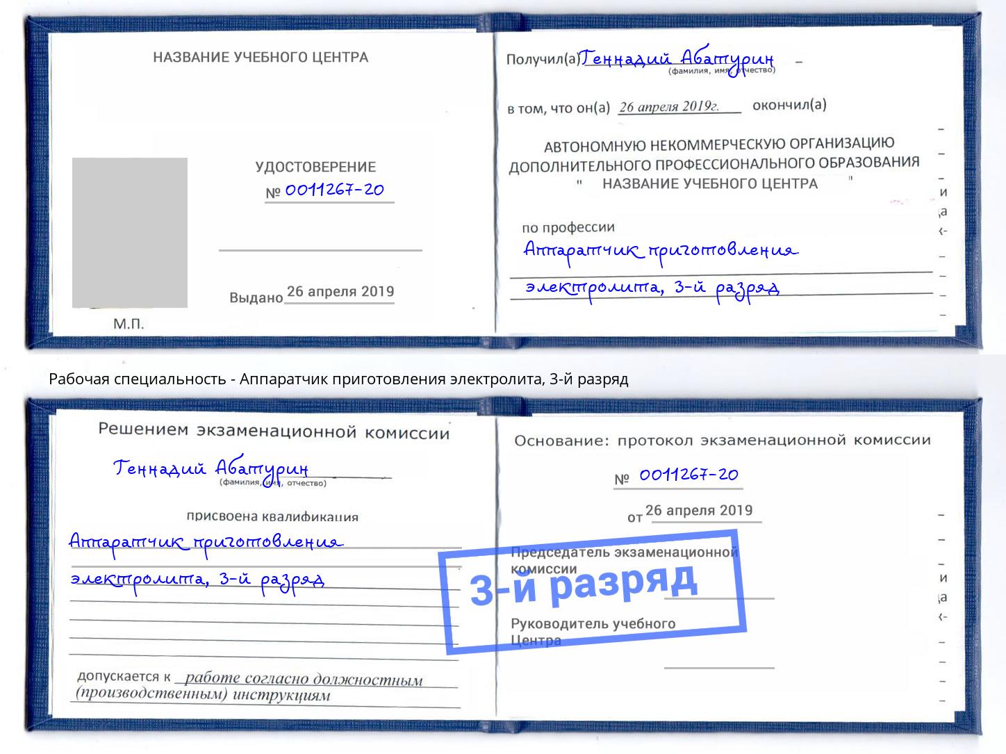корочка 3-й разряд Аппаратчик приготовления электролита Балтийск