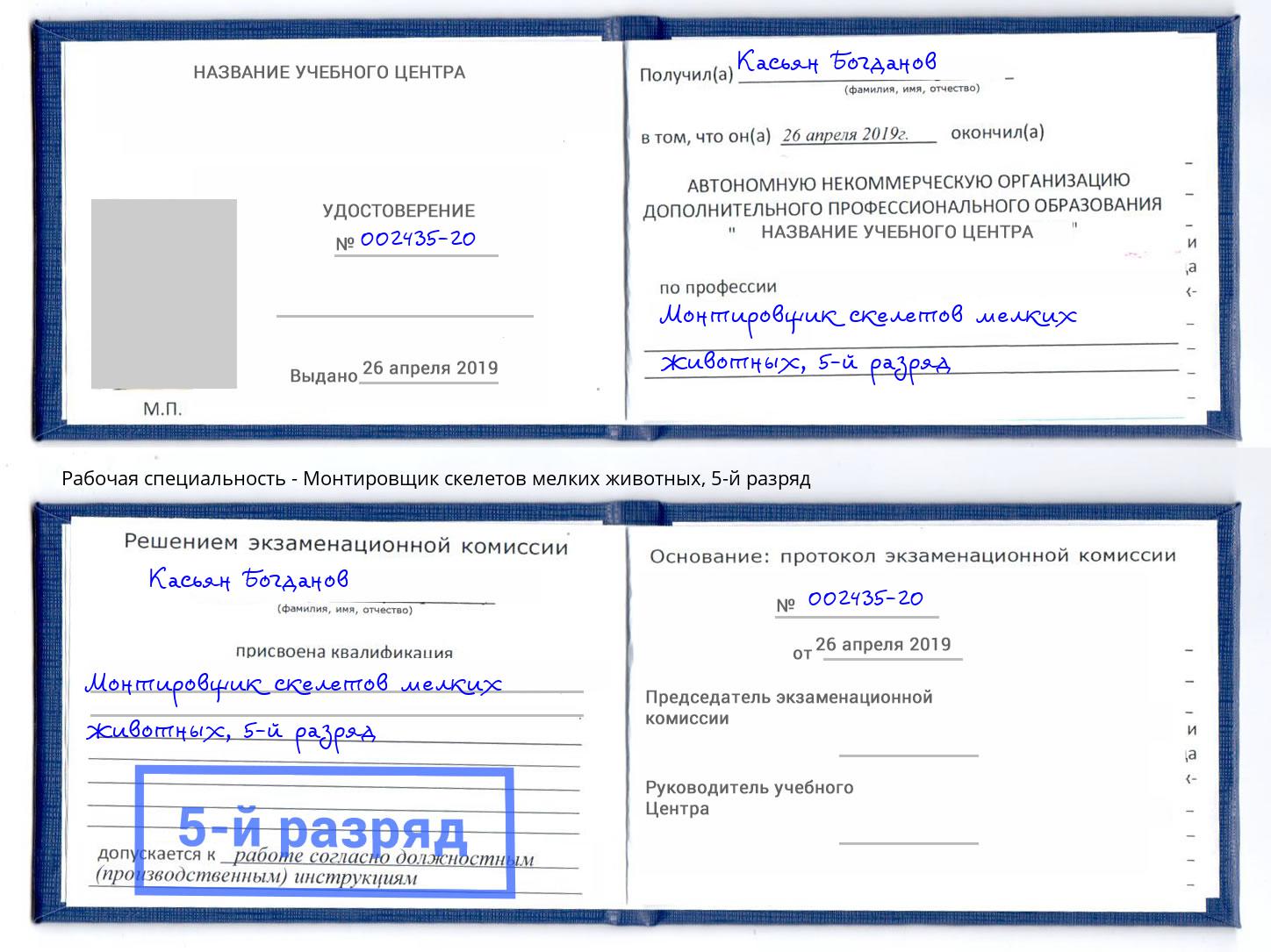 корочка 5-й разряд Монтировщик скелетов мелких животных Балтийск