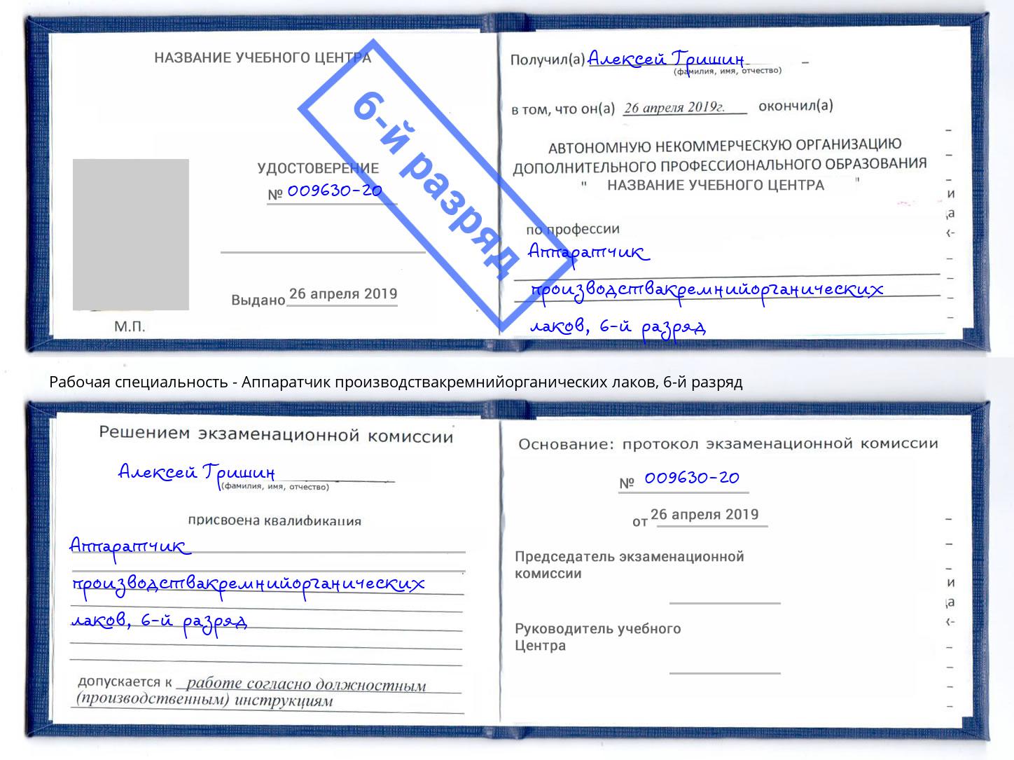 корочка 6-й разряд Аппаратчик производствакремнийорганических лаков Балтийск