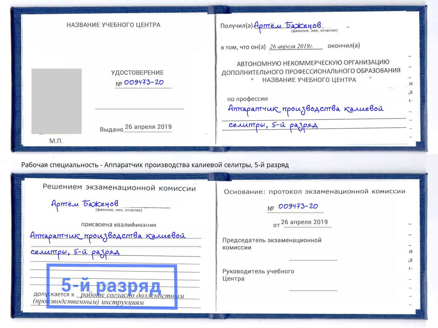 корочка 5-й разряд Аппаратчик производства калиевой селитры Балтийск