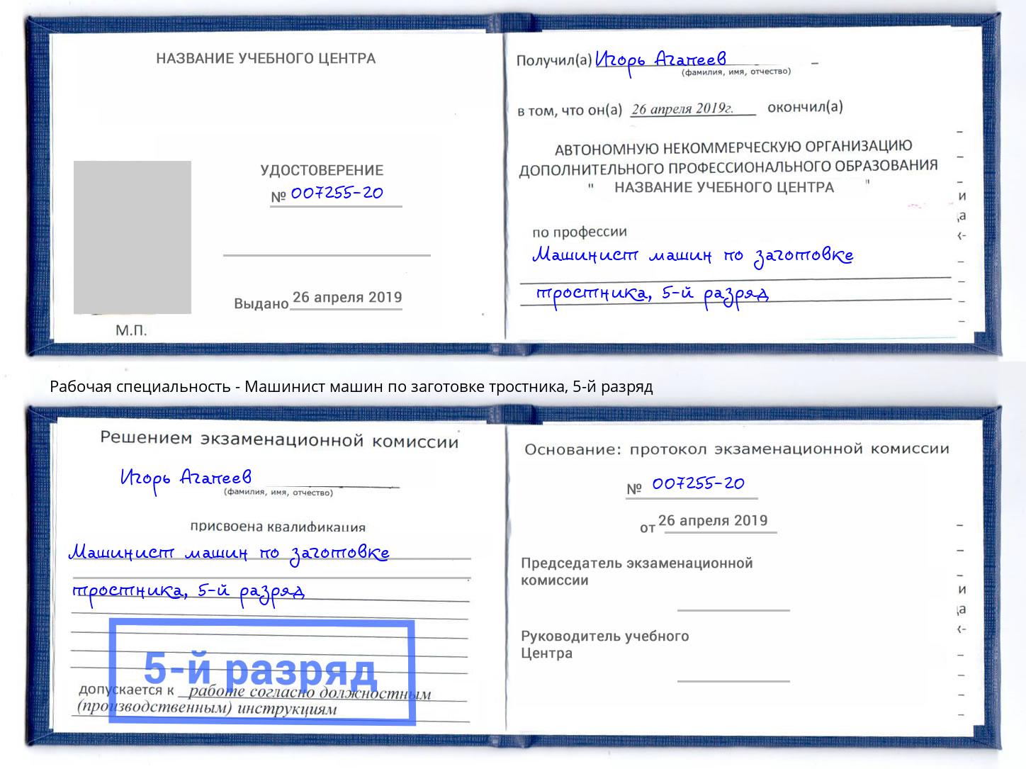 корочка 5-й разряд Машинист машин по заготовке тростника Балтийск