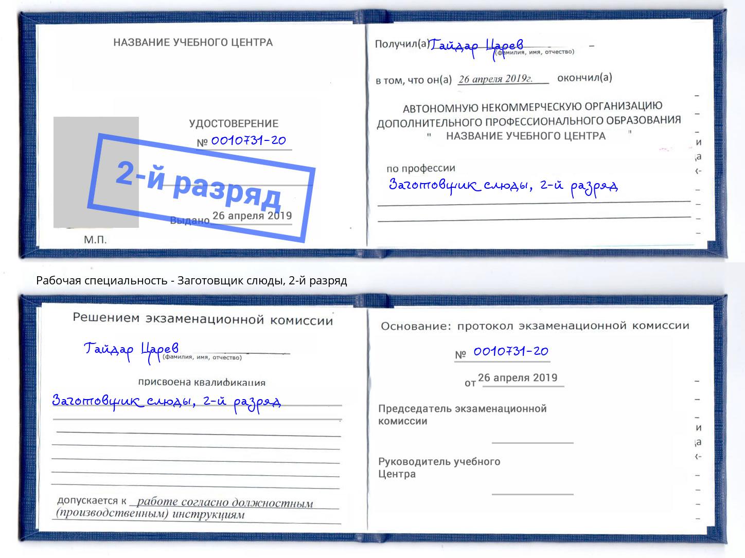 корочка 2-й разряд Заготовщик слюды Балтийск