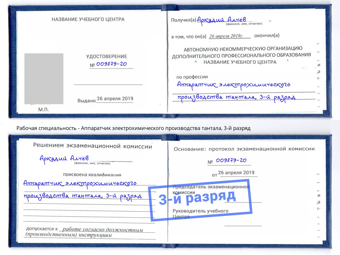 корочка 3-й разряд Аппаратчик электрохимического производства тантала Балтийск