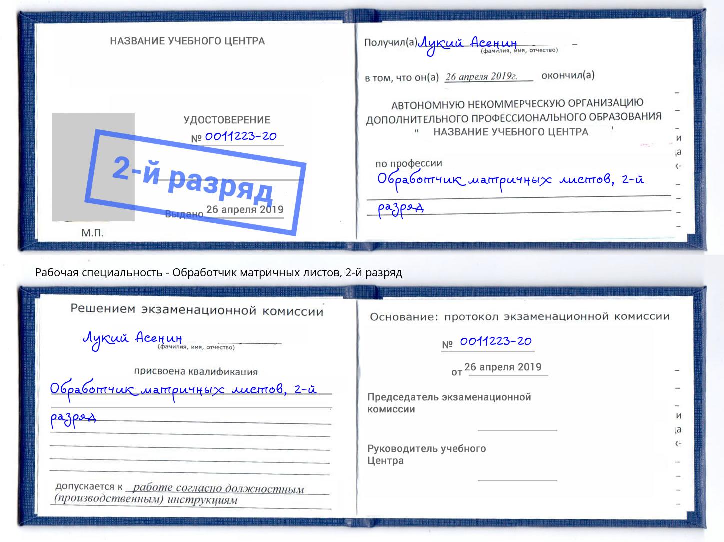 корочка 2-й разряд Обработчик матричных листов Балтийск