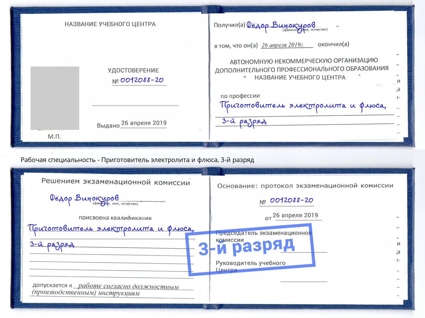 корочка 3-й разряд Приготовитель электролита и флюса Балтийск