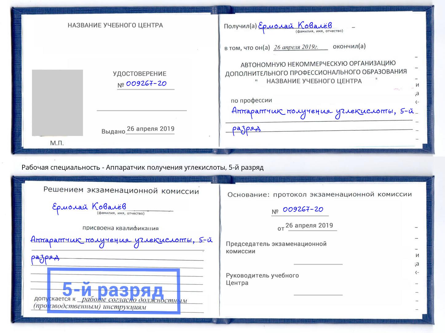 корочка 5-й разряд Аппаратчик получения углекислоты Балтийск