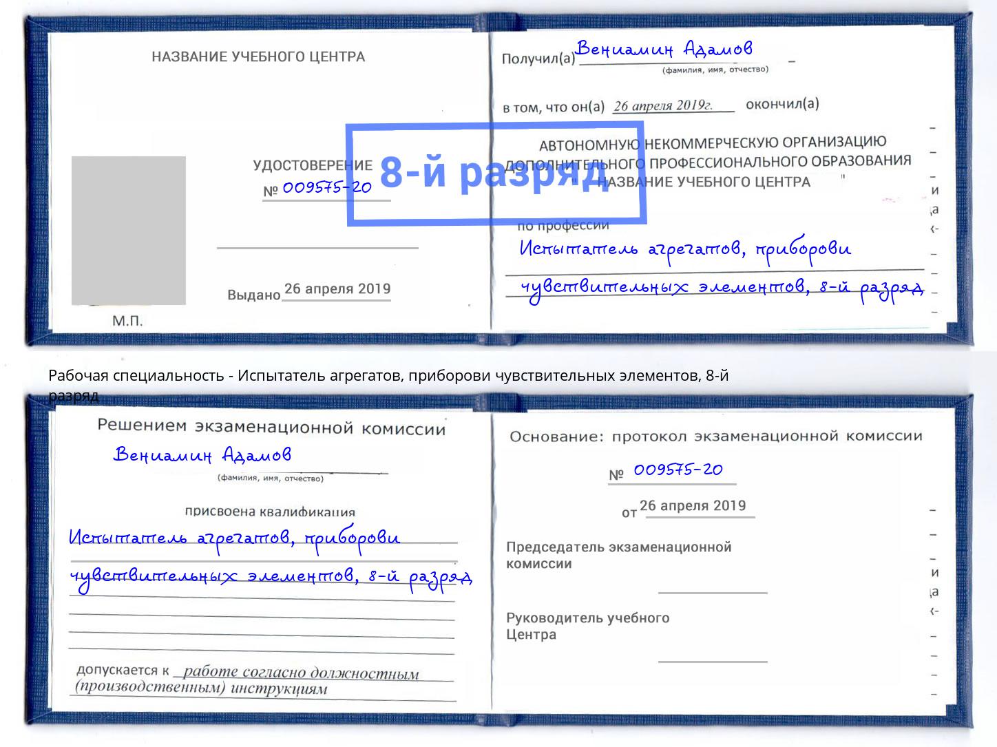 корочка 8-й разряд Испытатель агрегатов, приборови чувствительных элементов Балтийск